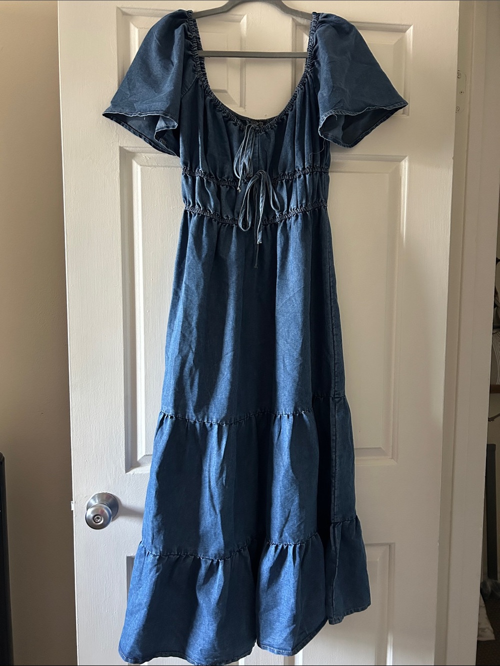 Blue Denim Tiered Maxi Dress with Flutter Sleeves